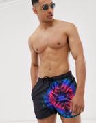 Asos Design Swim Shorts In Black With Tie Dye Short Length - Black