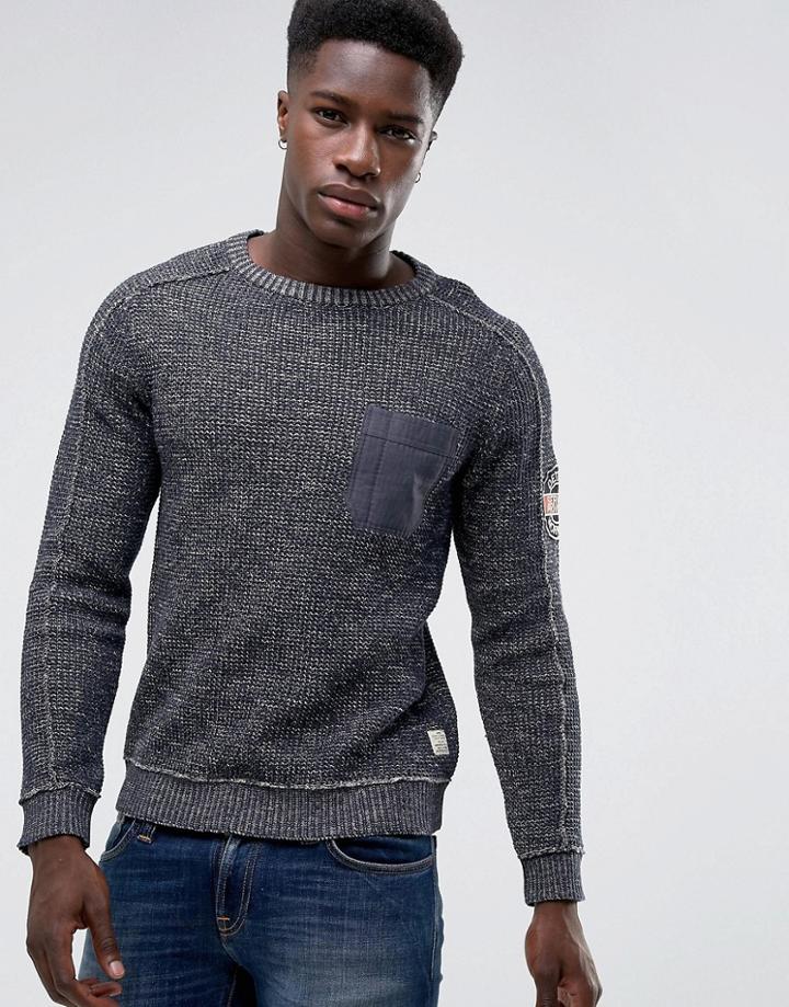 Jack & Jones Vintage Knitted Sweater With Arm Badge And Pocket - Navy