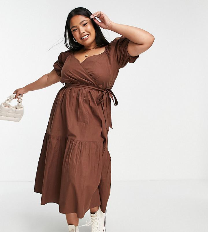 Influence Plus V-neck Puff Sleeve Midi Dress With Tie Waist In Chocolate Brown