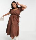 Influence Plus V-neck Puff Sleeve Midi Dress With Tie Waist In Chocolate Brown