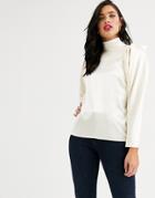 Asos Design Long Sleeve High Neck Satin Top With Shoulder Detail - Cream
