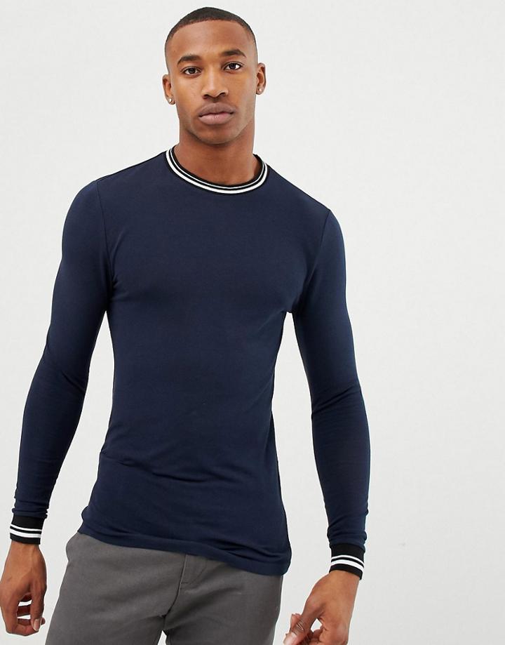 Asos Design Muscle Fit Long Sleeve T-shirt With Tipping In Navy - Navy