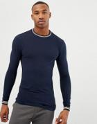 Asos Design Muscle Fit Long Sleeve T-shirt With Tipping In Navy - Navy