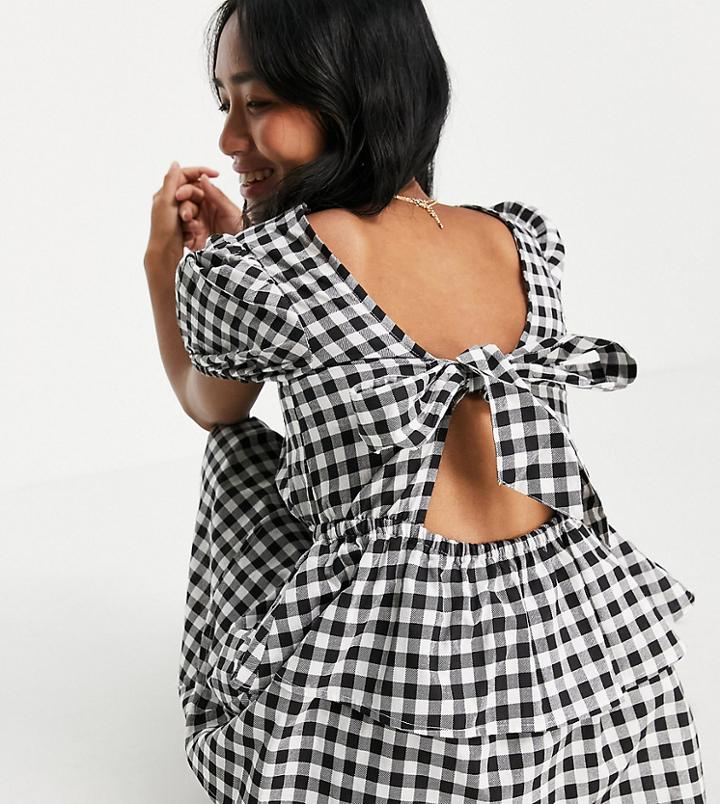 Violet Romance Petite Tiered Mini Dress With Tie Back In Gingham Print-black