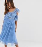Maya Cami Strap Sequin Top Tulle Detail Midi Dress With Ruffle Skirt In Bluebell - Blue