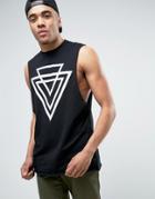 Asos Longline Sleeveless T-shirt With Geo Print And Dropped Armhole - Black