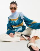 Annorlunda Knitted Sweater With Landscape Print-blues