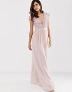 City Goddess Pleated Maxi Dress With Lace And Mesh Detail - Pink
