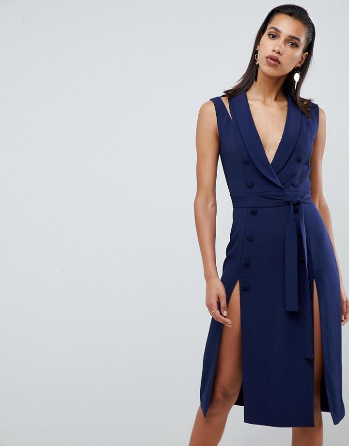 Lavish Alice Sleeveless Tuxedo Midi Dress With Double Split Skirt - Navy