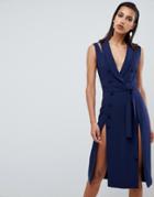 Lavish Alice Sleeveless Tuxedo Midi Dress With Double Split Skirt - Navy