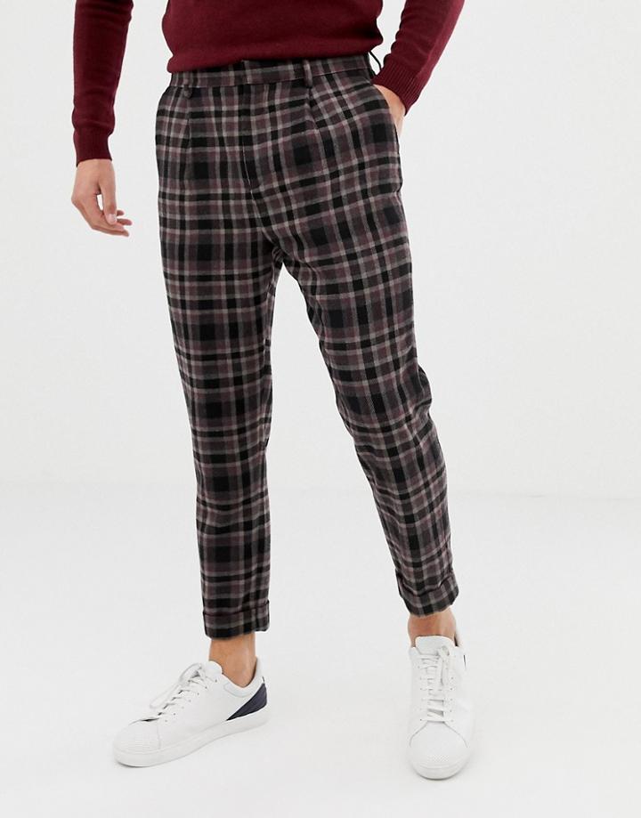 Asos Design Tapered Pants In Wool Mix Check With Turn Up - Black