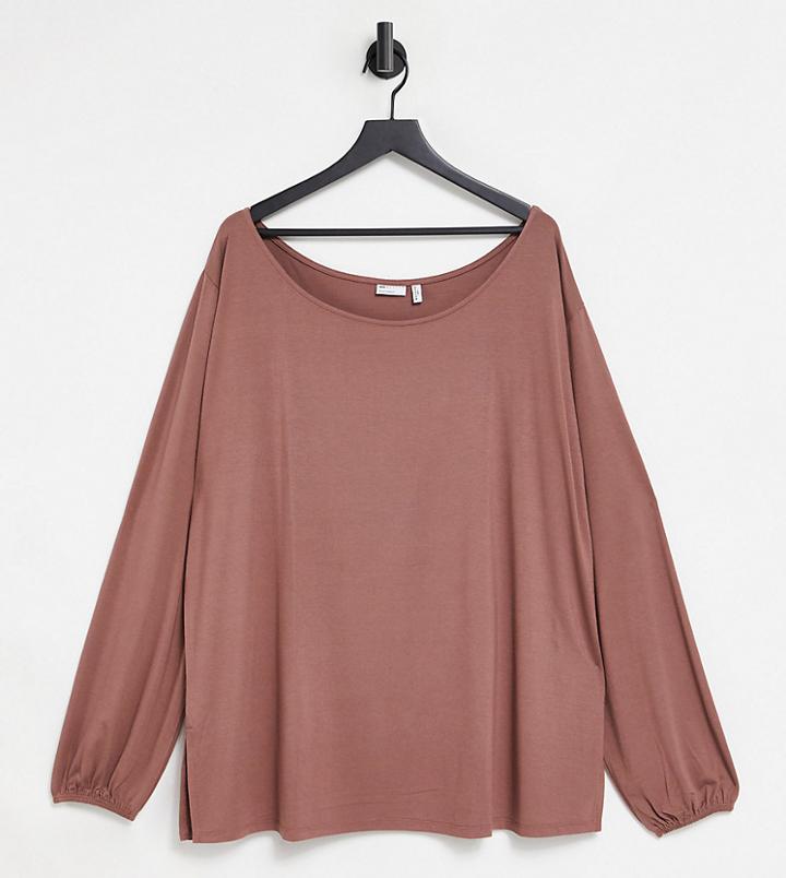 Asos Design Curve Fallen Shoulder Long Sleeve Top In Mink-pink