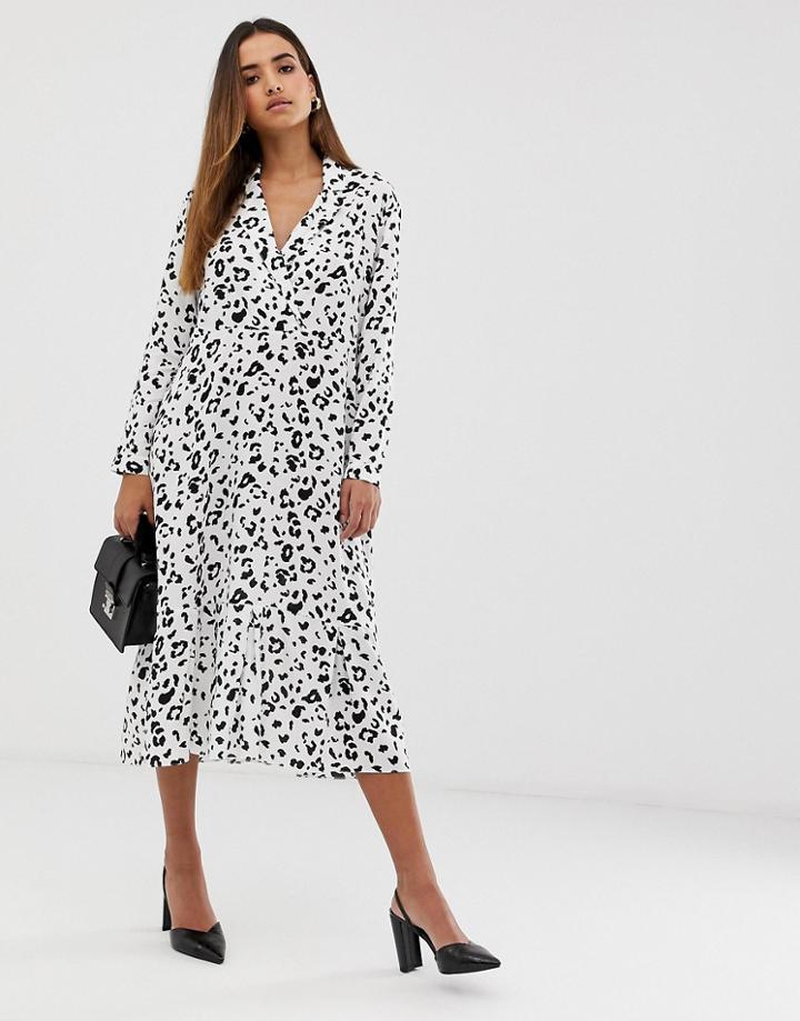 Asos Design Collar Detail Midi Dress In Mono Leopard Print - Multi