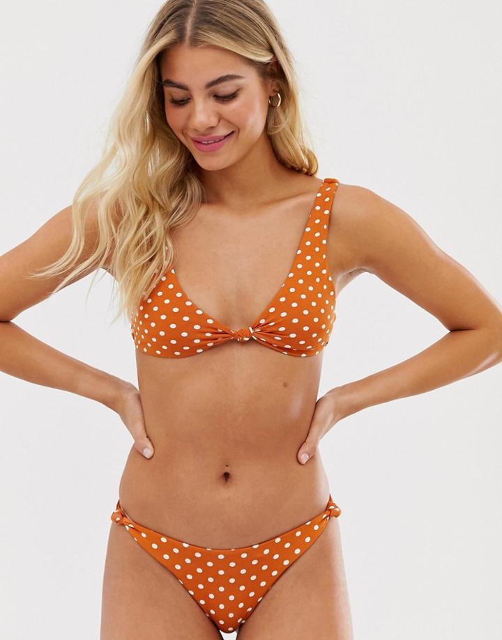 Pull & Bear Pacific Polka Dot Knot Side Bikini Bottom In Brown