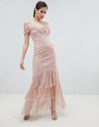 Asos Design Cami Dobby Bardot Ruffle Fishtail Maxi Dress - Pink