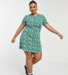 Asos Design Curve Mini Tea Dress In Green Floral Print