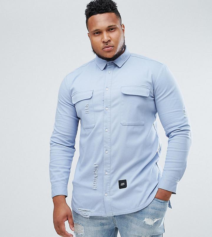 Sixth June Plus Oversized Denim Shirt In Blue With Distressing - Blue
