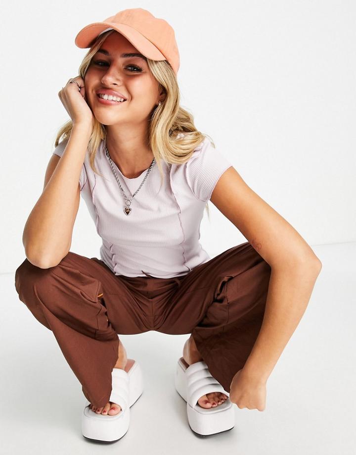 Weekday Lead Seam Detail T-shirt In Dusty Pink-white