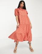 Asos Design Broderie Midi Tiered Shirt Dress With Short Sleeves In Ginger-brown