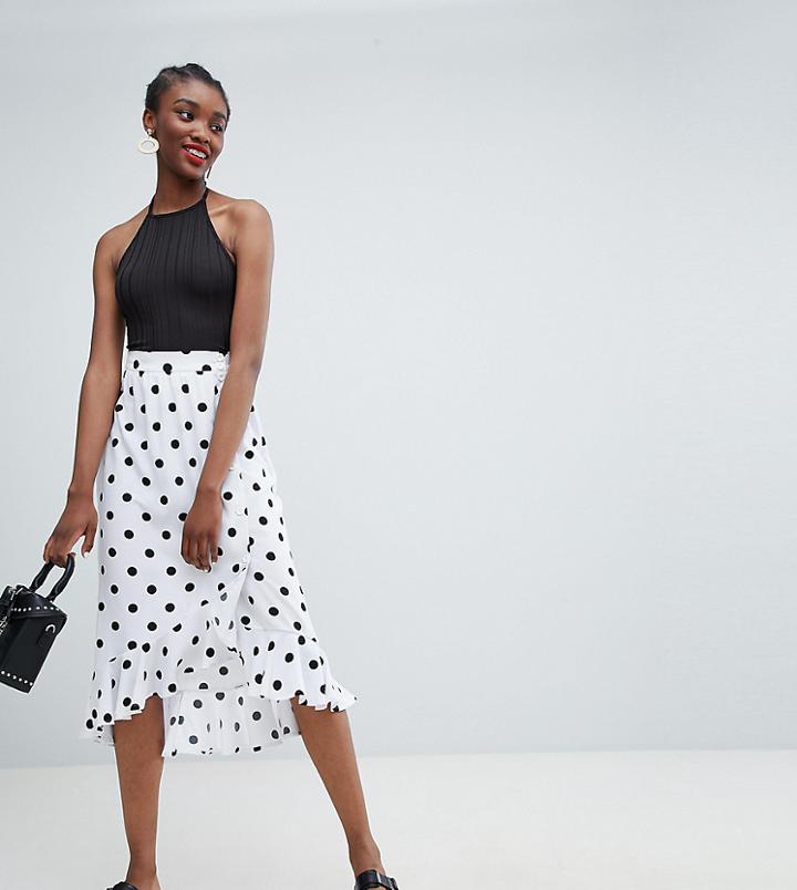 Monki Wrap Ruffle Polka Dot Midi Skirt