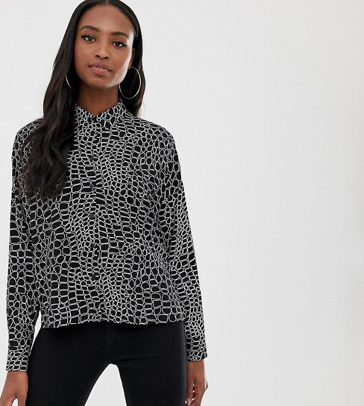 Asos Design Tall Cropped Long Sleeve Shirt In Crocodile Animal Print - Multi