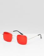 Asos Design Metal Square Fashion Sunglasses In Gold With Red Colored Lens - Gold