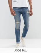 Asos Tall Super Skinny Jeans In Mid Blue With Rip And Repair - Blue