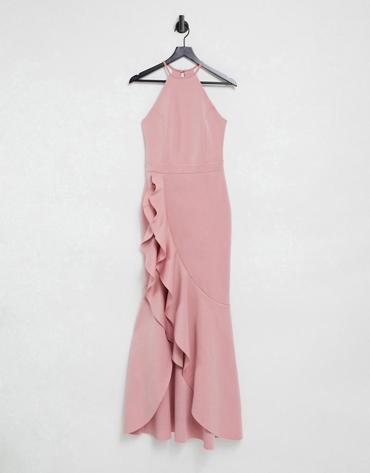 Lipsy Halterneck Ruffle Dress In Pink