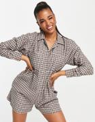 Asos Design Textured Check Oversized Romper In Brown-multi