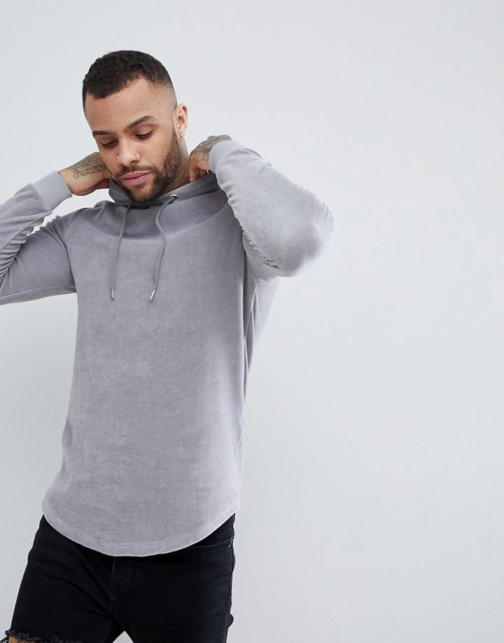 Asos Muscle Hoodie In Gray Velour With Insert Curved Hem - Gray