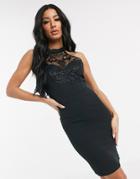 Lipsy High Neck Midi Bodycon Dress With Lace Trim In Black