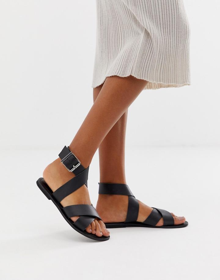 Asos Design Flossy Leather Cross Strap Flat Sandals - Black