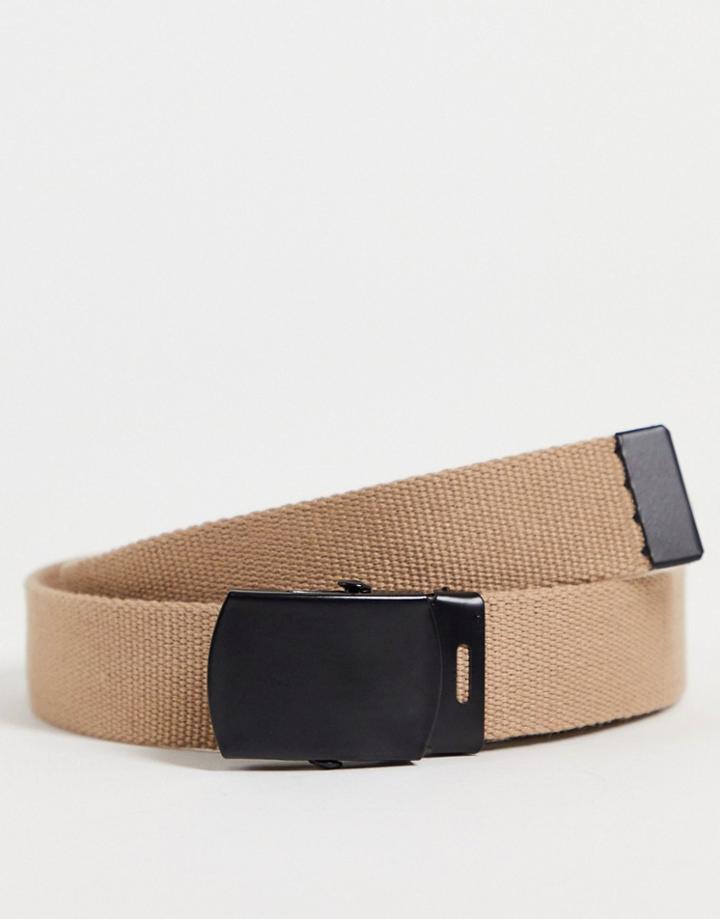 Asos Design Slim Webbed Belt With Plate Buckle In Brown