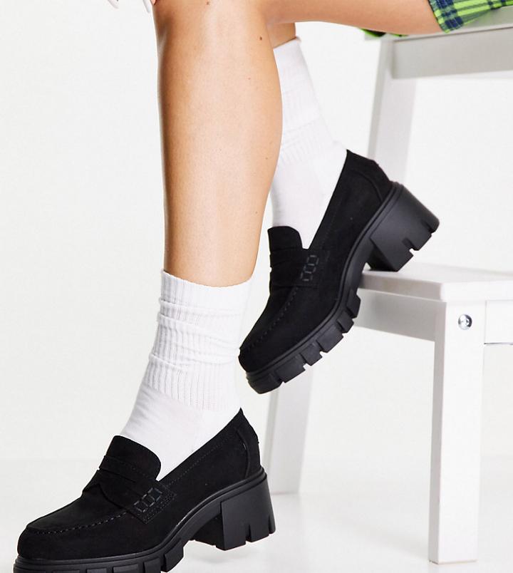 Asos Design Wide Fit Storm Chunky Mid Heeled Loafers In Black