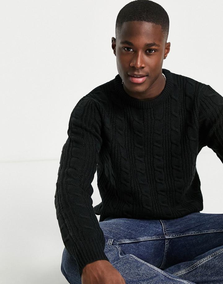 French Connection Cable Crew Neck Sweater In Black