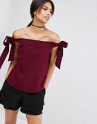 Asos Minimal Off Shoulder Top In Crepe With Tie Sleeve - Wine