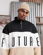 Asos Design Oversized Funnel Neck Sweatshirt With Color Blocking & Embroidery With Dark Future Logo-beige