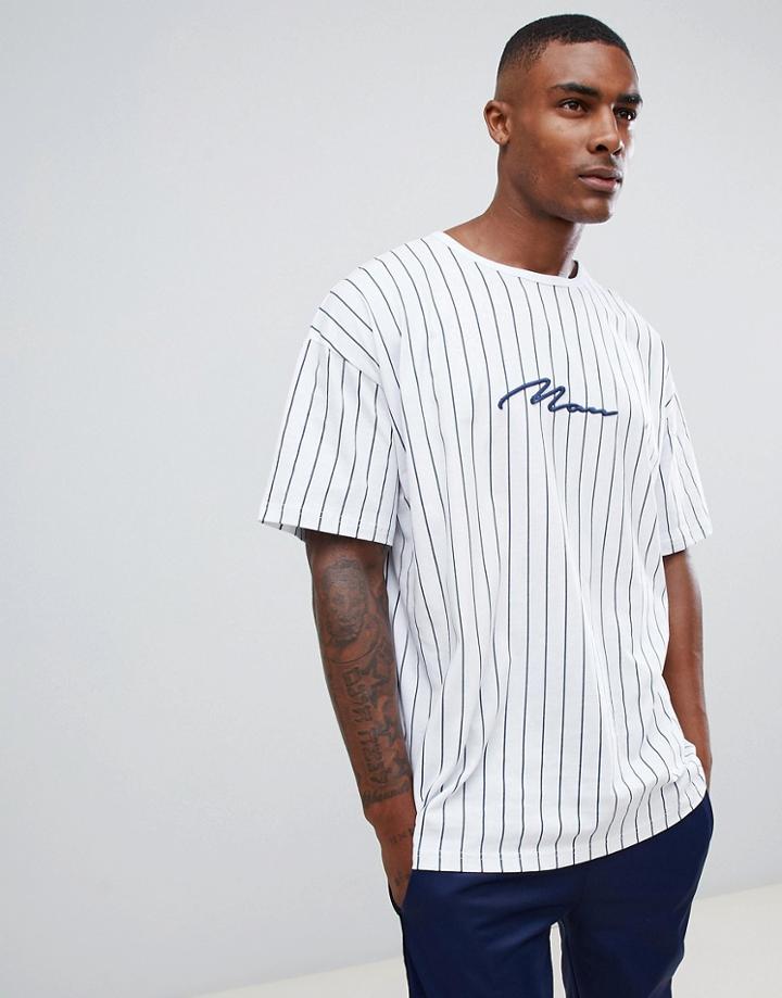 Boohooman Vertical Stripe T-shirt With Man Print In White - White