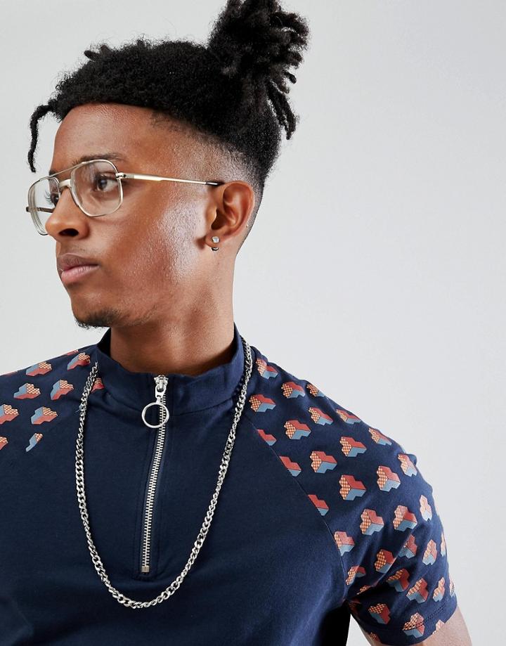 Asos Design Raglan T-shirt With Retro Geo Print And Zip Neck - Navy