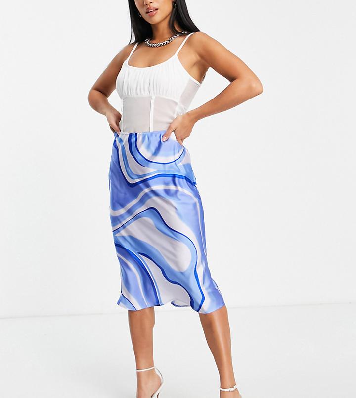 Asos Design Petite Satin Midi Sip Skirt In Blue Swirl Print-multi