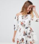 Parisian Petite Off Shoulder Floral Dress With Tie Waist And Ladder Detail - White