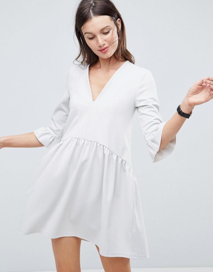 Asos V Neck Smock Dress With Frill Cuff - Gray