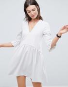 Asos V Neck Smock Dress With Frill Cuff - Gray