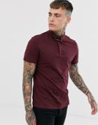 Asos Design Polo Shirt With Collar Tie Pin In Burgundy - Red