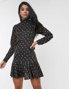 Style Cheat High Neck Bell Sleeve Skater Dress In Ditsy Floral