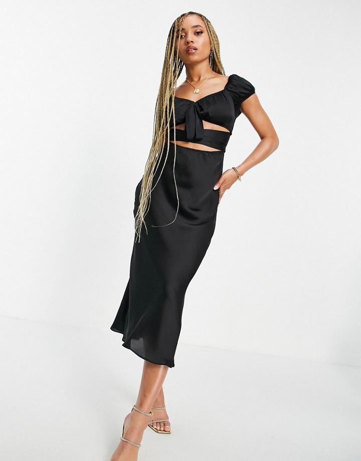 Asos Design Satin Cut Out Tie Wrap Around Midi Dress In Black