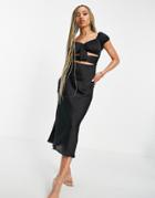 Asos Design Satin Cut Out Tie Wrap Around Midi Dress In Black