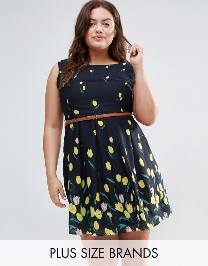 Yumi Plus Skater Dress In Border Print With Belt - Navy