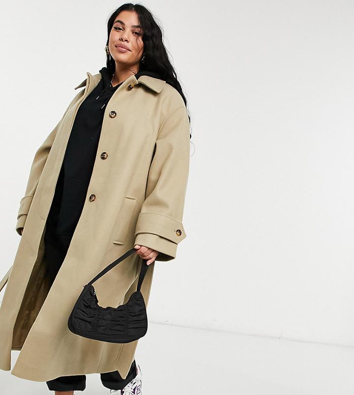Asos Design Curve Belted Overcoat In Camel-brown