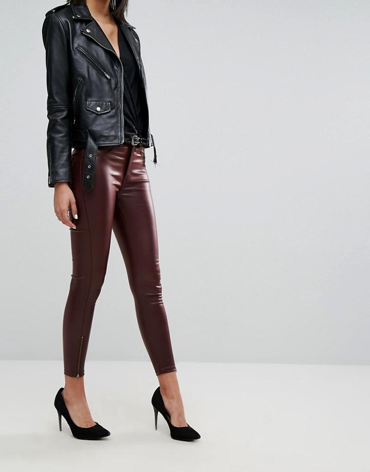 Dr Denim Mid Rise Coated Ankle Grazer Jeans With Zips - Red